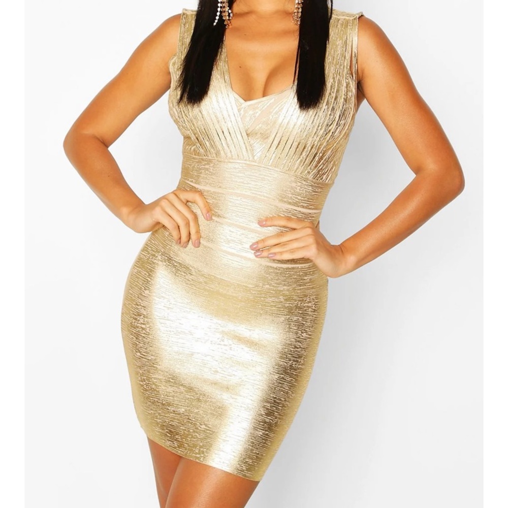 BooHoo NWT Metallic Plunge Bandage Dress GOLD